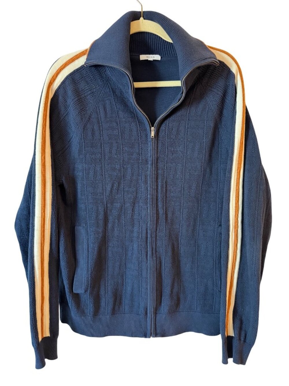 Reiss Navy Textured Knit Full-Zip Track Jacket With Striped Sleeves - Size S